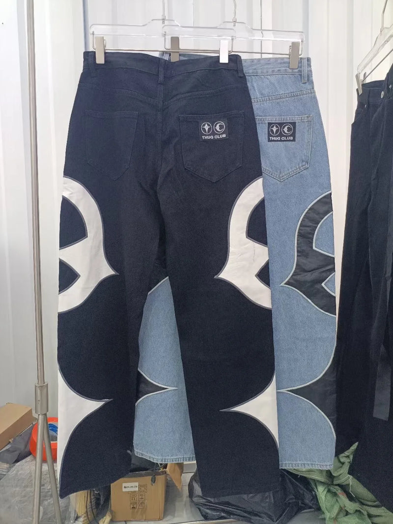 letter embroidery pu leaher patchwork baggy y2k jeans mens streetwear straight oversized denim trousers unisex cargo pants unique cargo style 42