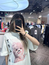 anime graphic tee featuring vintage summer pink rock bear cartoon distressed cotton casual t shirt tops