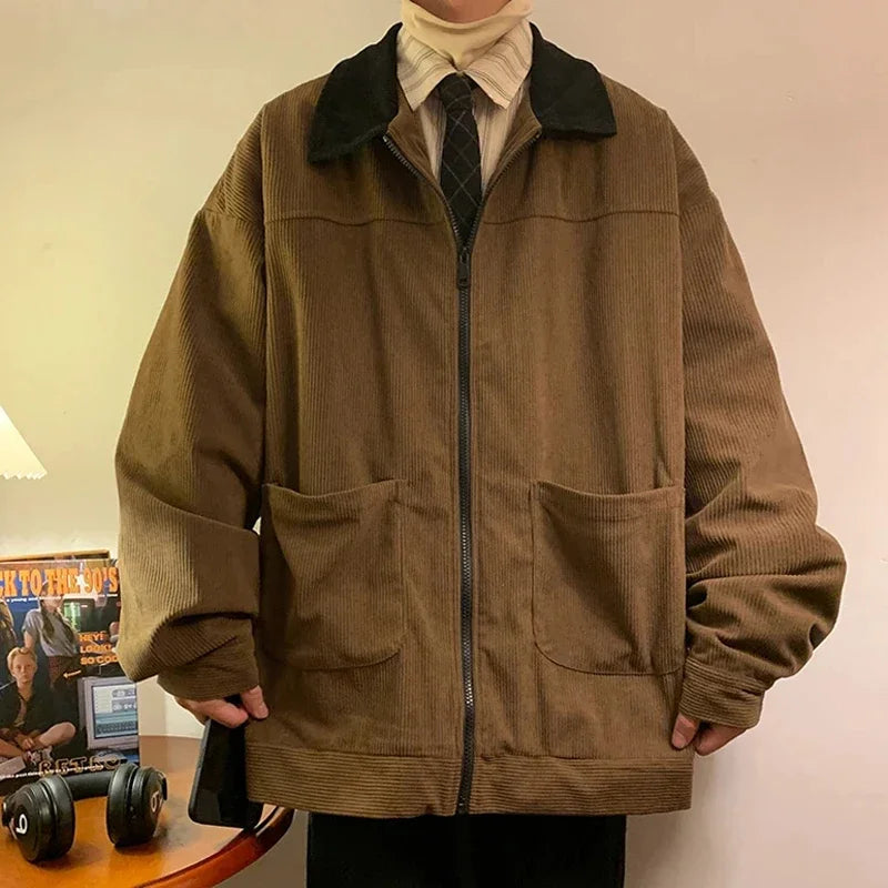 American Retro 2024 Mens Bomber Jacket Windbreaker Casual Handsome Zip