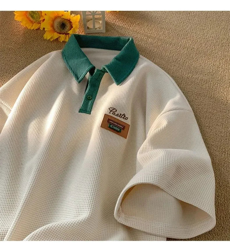 Hip Hop American Street Men and Women Trendy Personality Polo Shirt Short sleeved Summer Waffle Vintage Casual