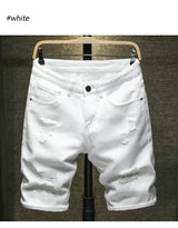 new white jeans shorts men fashion ripped knee length pants simple casual slim hole denim shorts male streetwear unique jeans style 1187