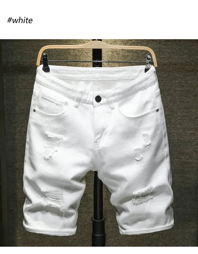 new white jeans shorts men fashion ripped knee length pants simple casual slim hole denim shorts male streetwear unique jeans style 1187