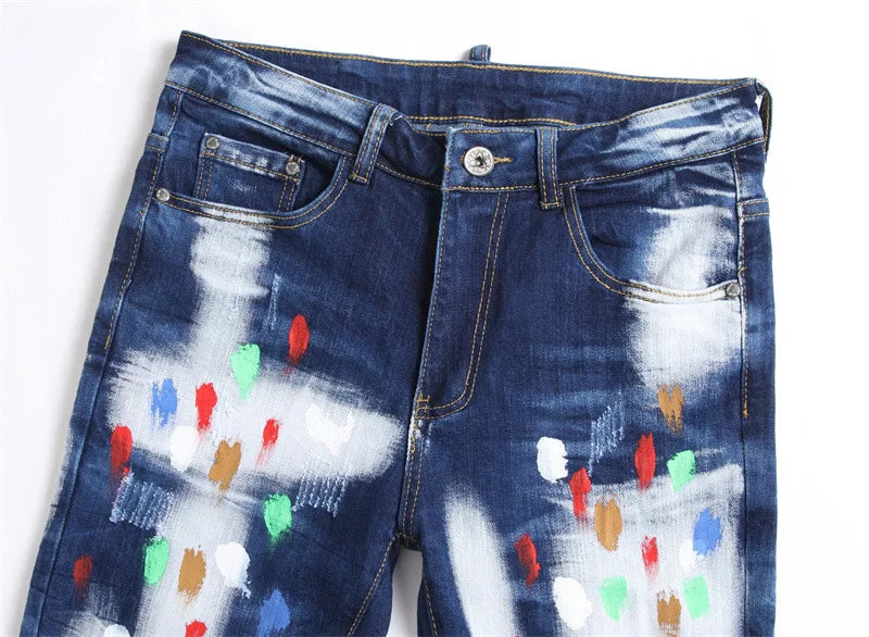fashion distressed white washed denim jean pants colorful graffiti printed casual biker hip hop jeans slim joggers mens jeans unique joggers style 4579