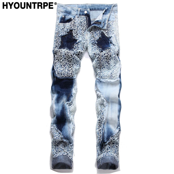 fashion stars patchwork mesh denim jeans new casual slim fit biker trousers skinny jeans men streetwear hip hop pants joggers casual joggers