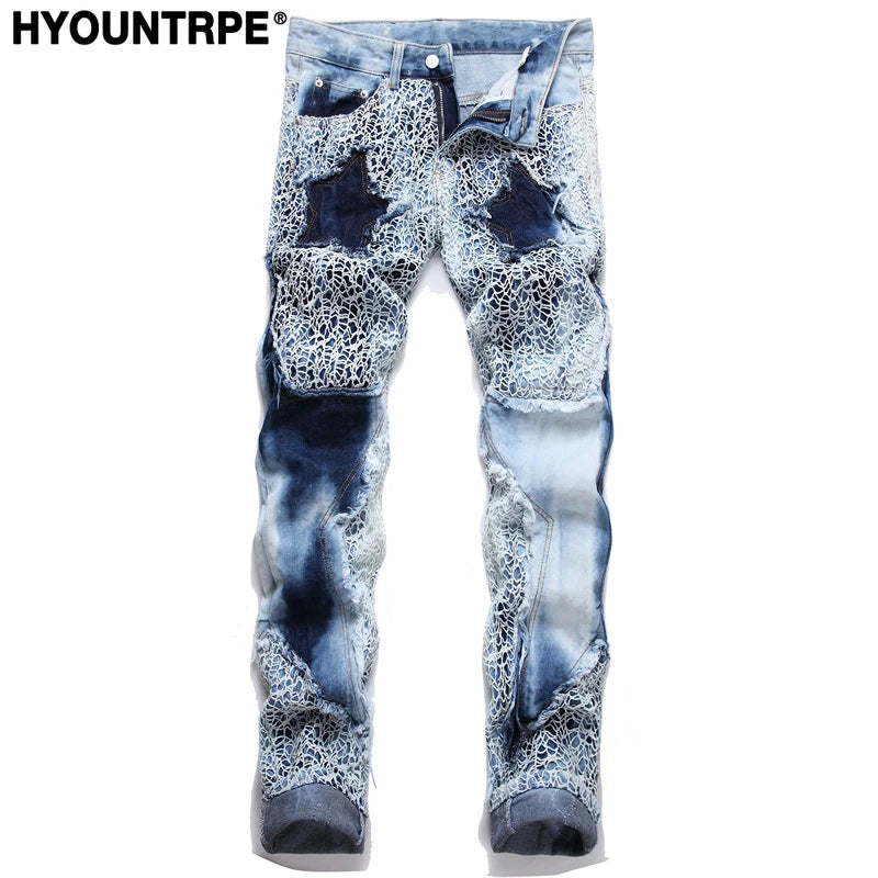 fashion stars patchwork mesh denim jeans new casual slim fit biker trousers skinny jeans men streetwear hip hop pants joggers casual joggers