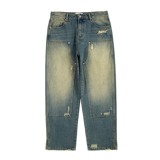 vintage washed hole oversize wide leg logging jeans for mens blue spray painted straight mopping pants baggy wide denim trousers denim street jeans