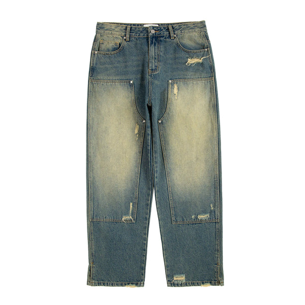 vintage washed hole oversize wide leg logging jeans for mens blue spray painted straight mopping pants baggy wide denim trousers denim street jeans