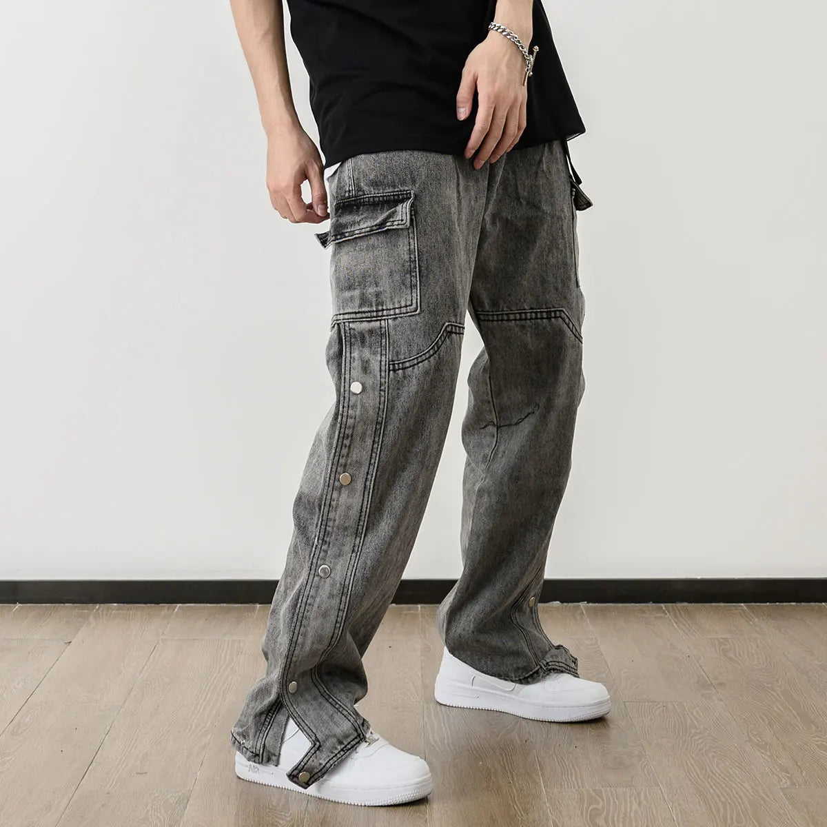 men fashion denim jeans casual bottom button open straight jeans with pockets hip hop streetwear zipper cargo joggers jean pants casual joggers