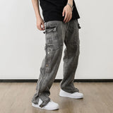 men fashion denim jeans casual bottom button open straight jeans with pockets hip hop streetwear zipper cargo joggers jean pants casual joggers