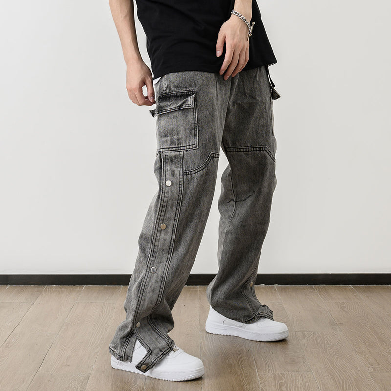 men fashion denim jeans casual bottom button open straight jeans with pockets hip hop streetwear zipper cargo joggers jean pants unique joggers style 2512