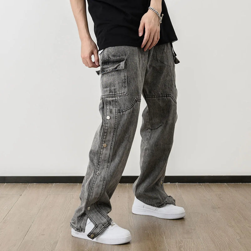 men fashion denim jeans casual bottom button open straight jeans with pockets hip hop streetwear zipper cargo joggers jean pants casual joggers