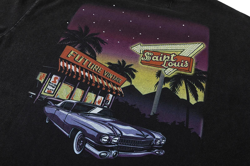 24ss Saint Louis Future Vintage Retro Print High-Street Cotton Short Sleeve Washed Distressed Tops T-Shirt For Summer