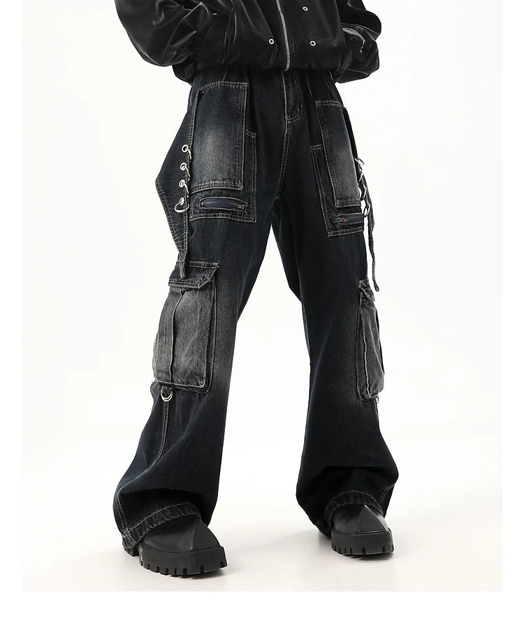 fashion punk rings streetwear loose pants unisex casual multiple pockets wide legs jean pants hip hop joggers men baggy jeans unique joggers style 1504