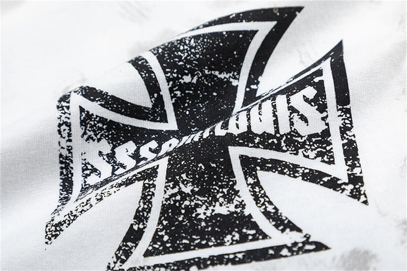 sssaint Louis Vintage Dirty Worn Distressed Cross Print High-Street Graffiti Long Sleeve T Shirt Pullover Summer