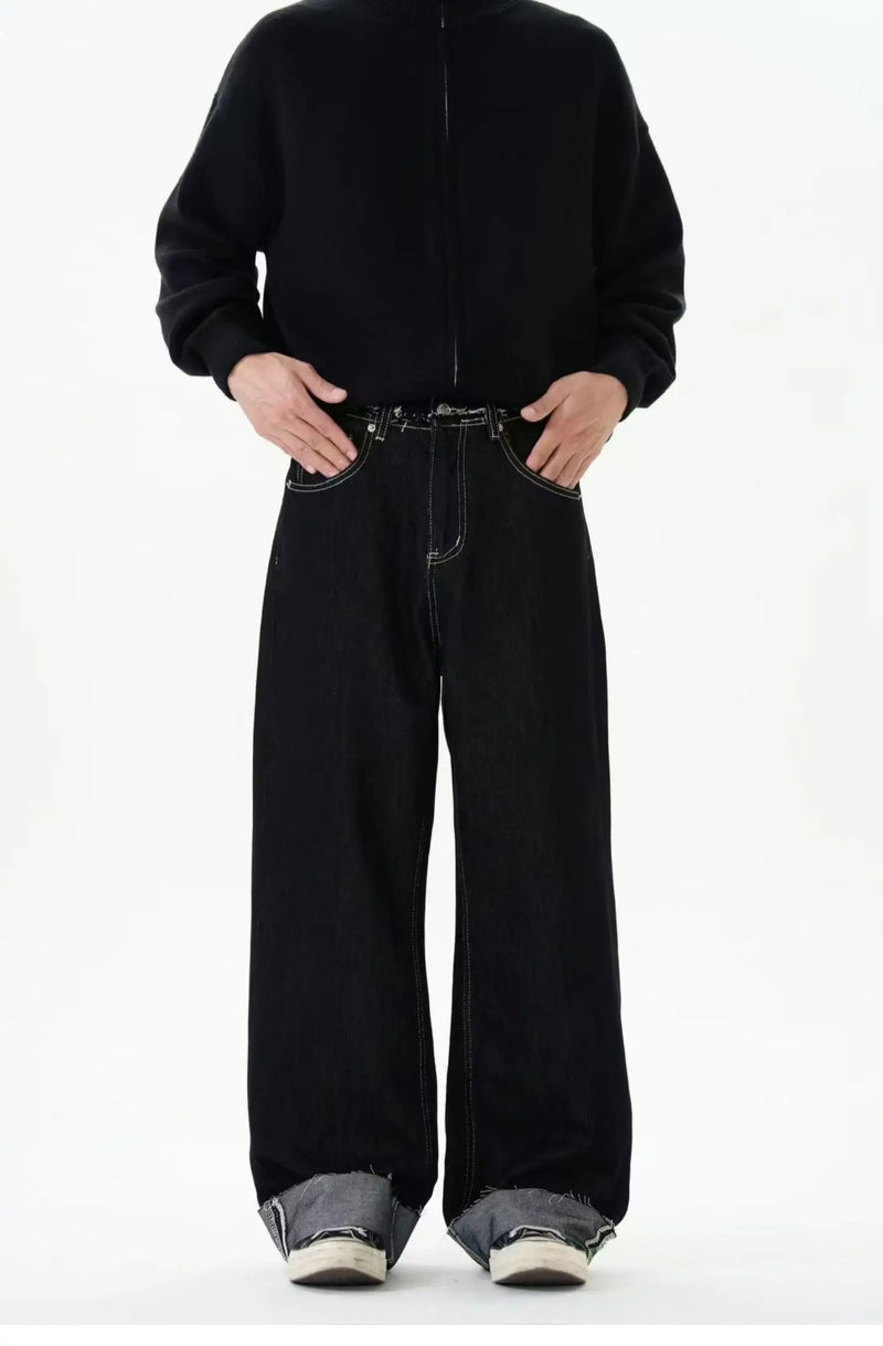 men women streetwear fashion loose casual wide leg straight black denim jeans pant boyfriend y2k baggy jeans trousers unique jeans style 2374