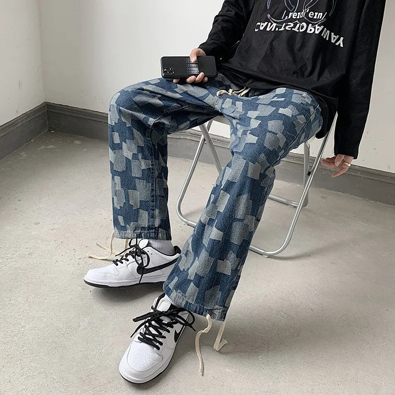 american plaid straight jeans mens casual streetwear printed denim pants autumn baggy classic wide leg retro y2k jean trousers unique jeans style 887