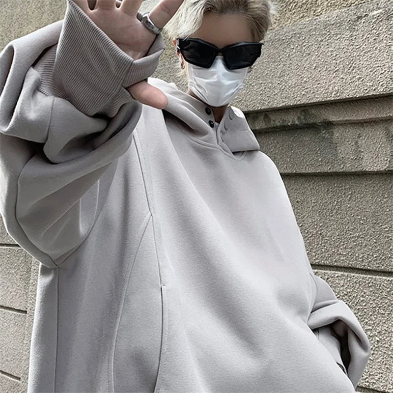New Retro Button Neck Hooded Sweatshirts For Men Autumn Fleece Y2K Vintage Hoodies Hip Hop Fashion Streetwear Pullover Hoodie