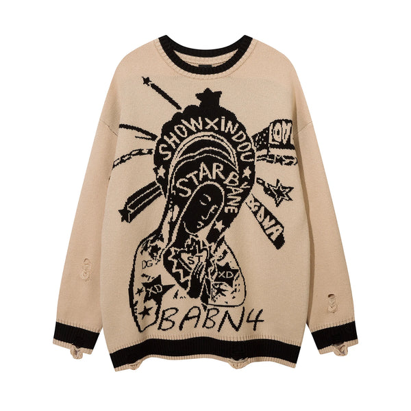 vintage starbane pray printed knit sweater oversized streetwear fashion striped patchwork relaxed ripped pullover sweater men aesthetic street look hoodie, oversized graphic print design, unique limited edition hoodie