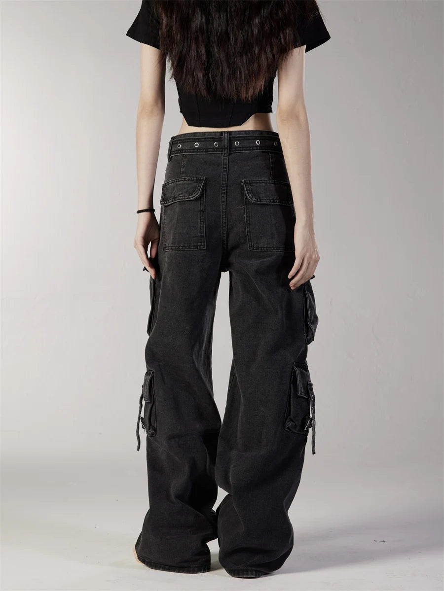 fashion loose streetwear cargo denim jeans unisex casual multi pocket straight jean pants with belt hip hop joggers baggy jeans unique joggers style 3716