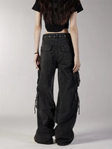 fashion loose streetwear cargo denim jeans unisex casual multi pocket straight jean pants with belt hip hop joggers baggy jeans unique joggers style 3716