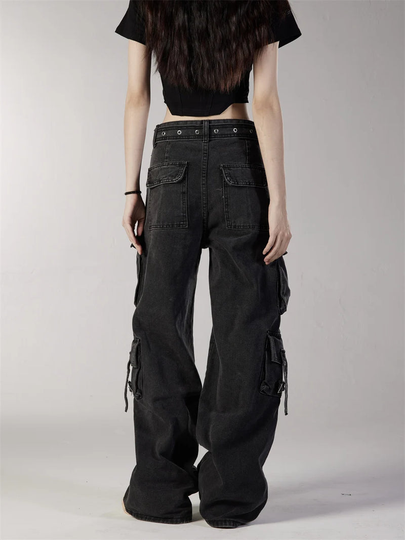 fashion loose streetwear cargo denim jeans unisex casual multi pocket straight jean pants with belt hip hop joggers baggy jeans unique joggers style 3716
