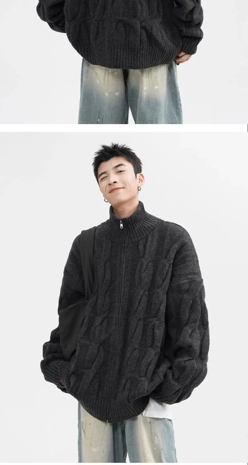 Autumn and Winter American New Style Men and Women Trendy Personalized Stand up Collar Knitted Shirt Couple Loose Retro Simple
