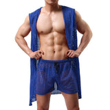 Men Robes Brand Male Sexy Bathrobe Sleepwear Sleeveless Bath Robe Sleep Lounge Badjas Cutout Cardigan Loungewear Mesh Menswear