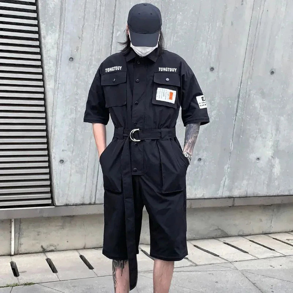 2023 autumn street short sleeve american jumpsuit mens jumpsuit suit motorcycle removable pants hip hop leg pants casual urban shorts
