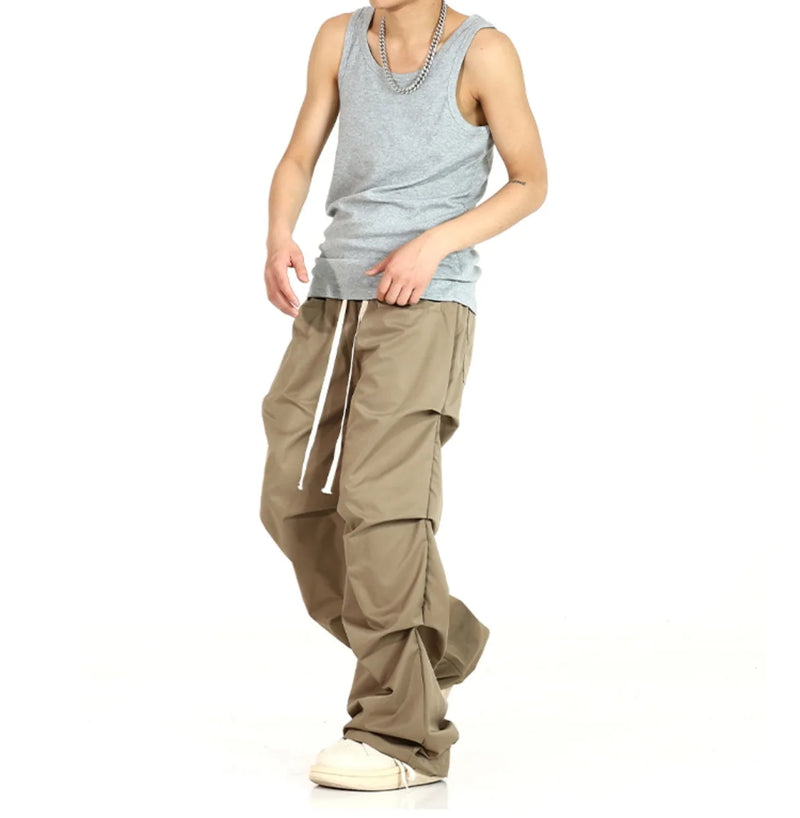 side fold baggy pants men casual elastic waist straight trousers streetwear new fashion drawstring unisex hip hop pants joggers unique joggers style 5115