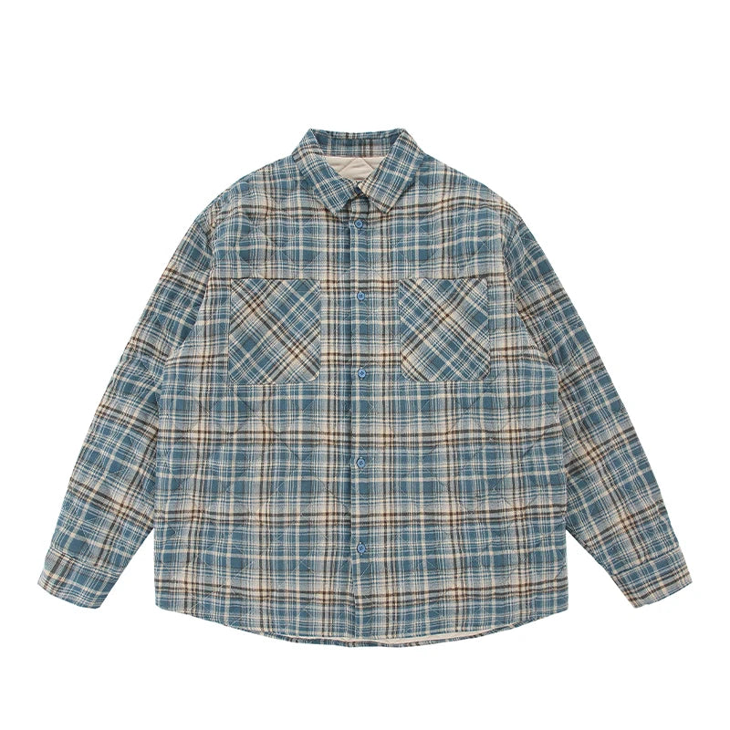Autumn Winter Men Streetwear Fashion Loose Casual Oversize Plaid Cotton-padded Shirt Style Parkas Jacket Campus Couple Coat