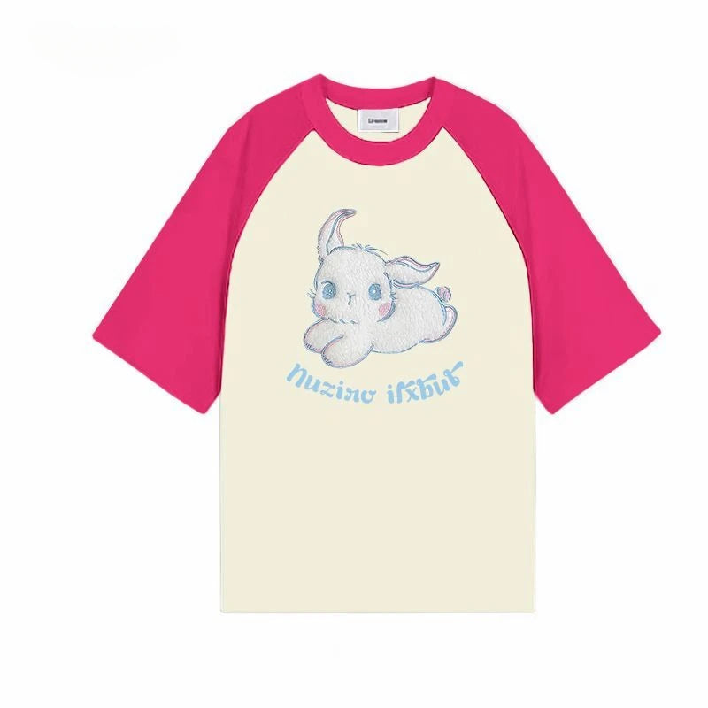 Skatercore Oversized shirt – American Flocking Cute Rabbit Pattern Short Sleeved T Shirt