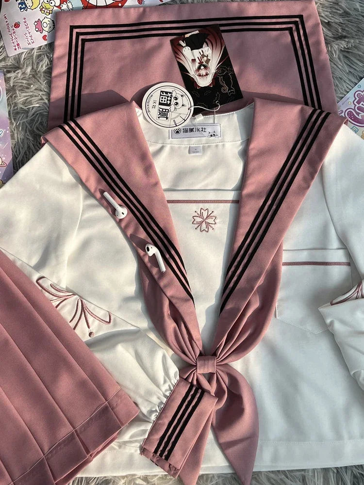 JK Original Kawaii Suit Japanese Genuine Cherry Blossom Embroidered Top + Dark Bad Jk Uniform Skirt Girly Sailor Suit