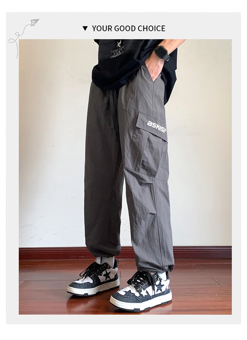 american retro straight leg cargo pants mens baggy casual outdoor gym trousers autumn thin tactical quick dry pantalones hombre unique cargo style 3431