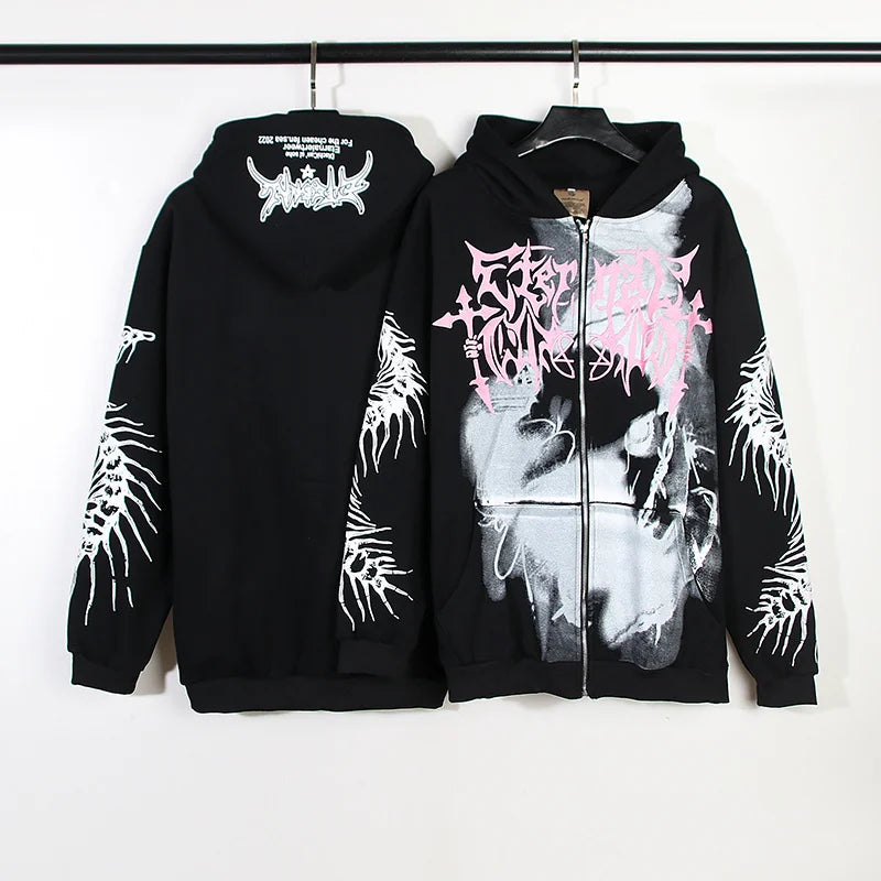 Chaopin High Street Brushed Kanye Vintage Dinosaur Bone Print Hoodie H