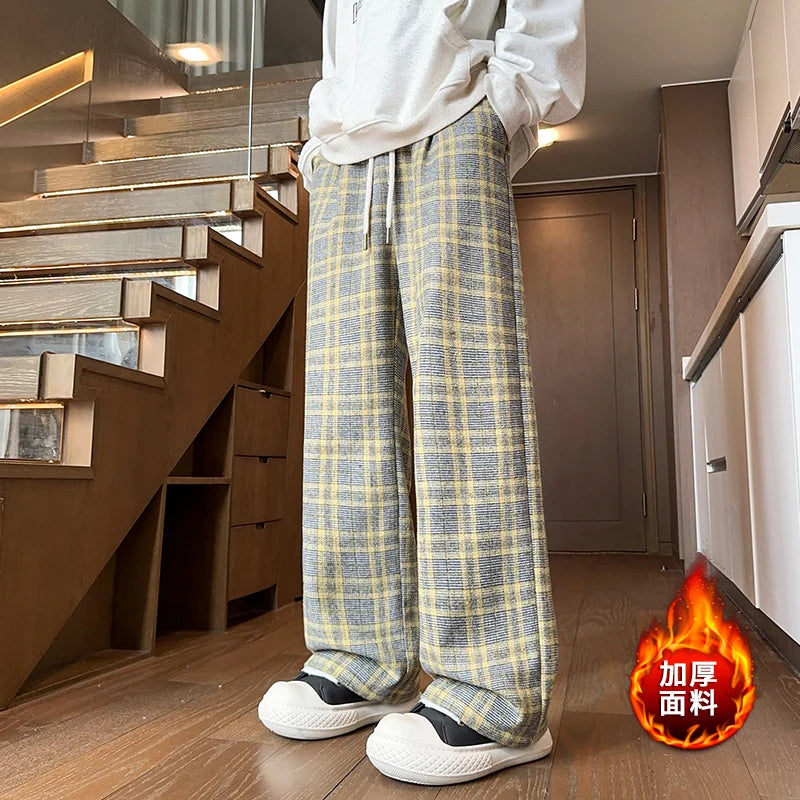 mens plaid pants baggy winter trendy fleece loose straight wide leg mopping trousers unisex thick velvet warm long pants unique default style 1127