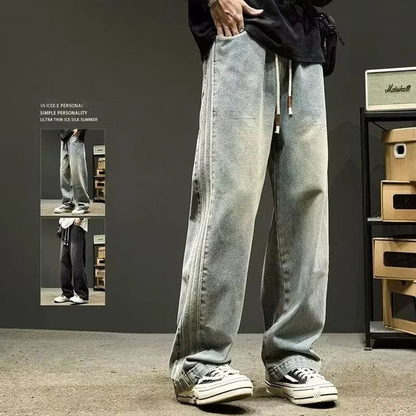 elastic waist baggy jeans for men side striped wide leg denim pants korean fashion casual trousers y2k vintage jean hombre stacked flare jeans