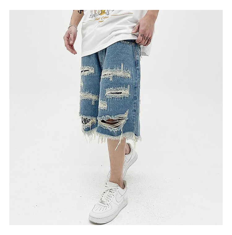 Mens Fashion Denim Jean Shorts Summer Casual Destroyed Ripped Destressed Holes Loose Shorts Hip Hop Streetwear Shorts Joggers