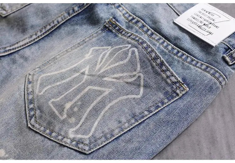 Men's Denim Shorts With Holes Washed Korean Style Straight Quarter  Patch Casual Jeans