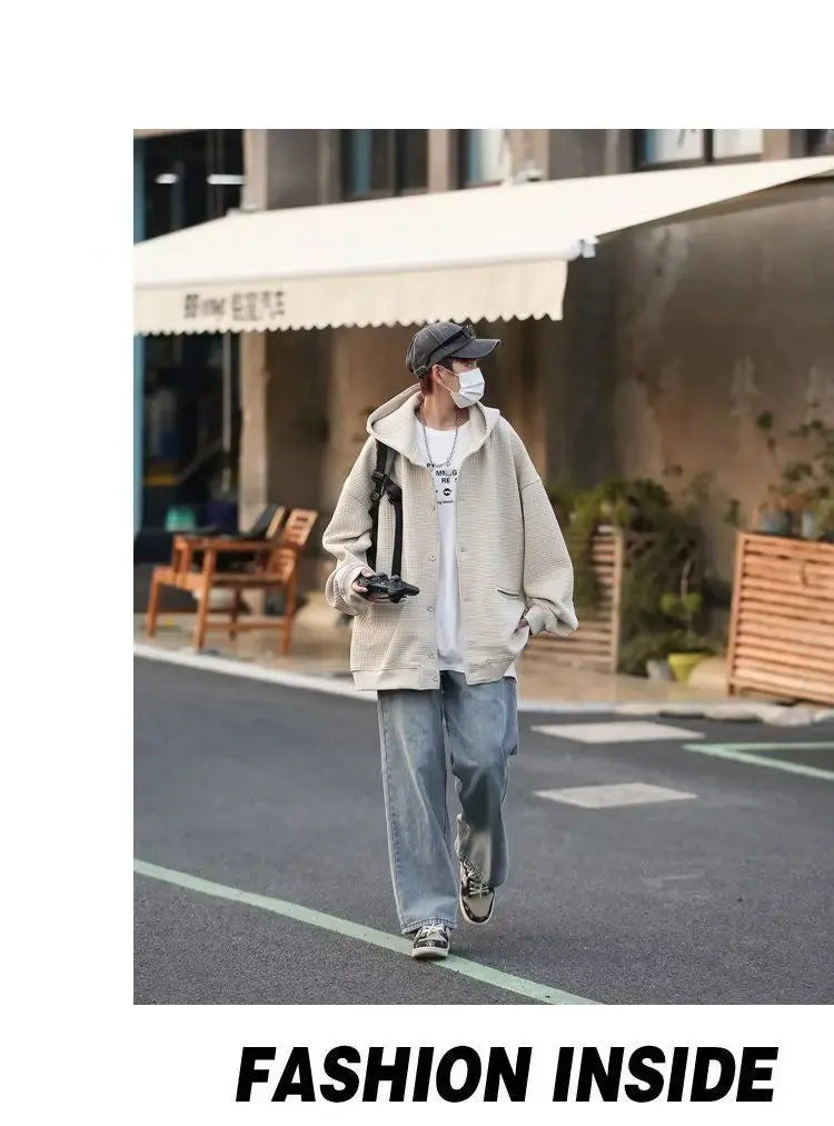 Korean Retro Y2K Waffle Hooded Jacket for Men and Women Ins Harajuku Style Casual Loose