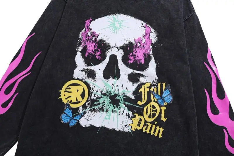 Cyberpunk Graphic Tee – Harajuku Skeleton Fire Printed Retro Distressed Washed T Shi – Urban Streetwear for Men & Women