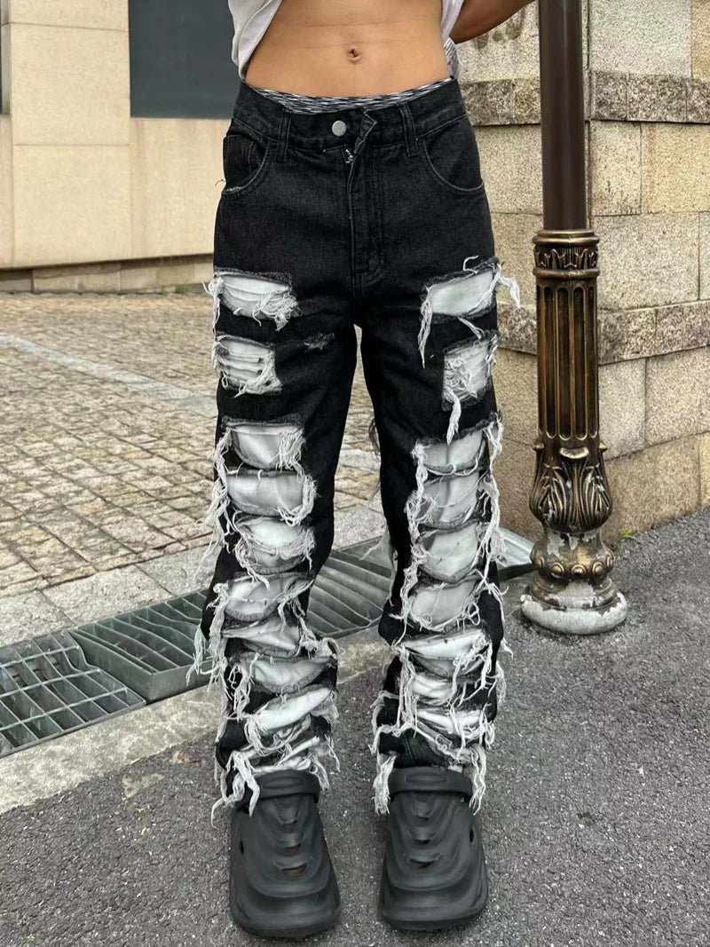 fashion destroyed ripped tassel holes denim jean pants mens casual loose straight baggy y2k jeans hip hop streetwear joggers urban active pants