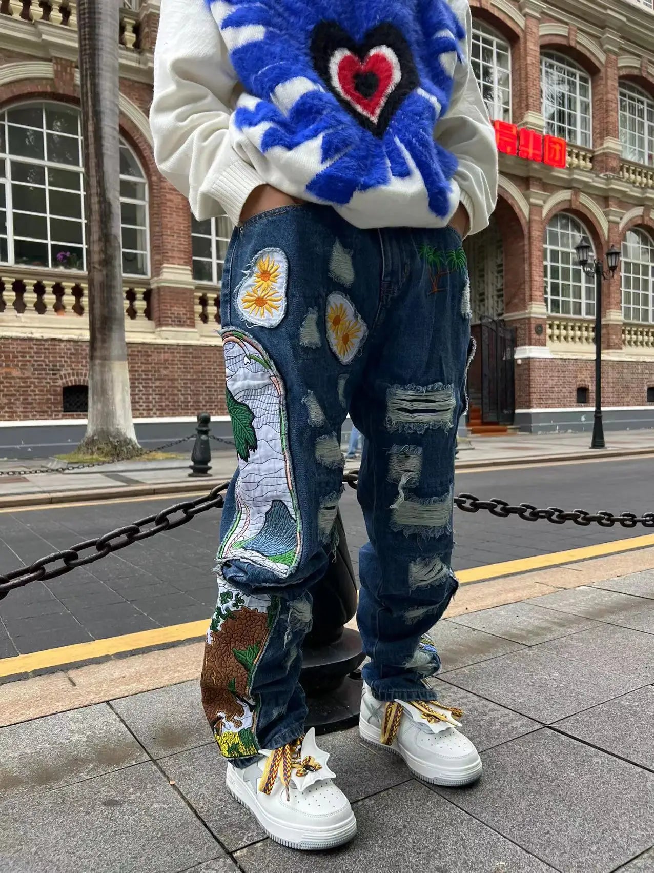 harajuku fashion embroidered patches straight denim pants hip hop washed torn jeans black blue patchwork y2k jeans baggy men unique jeans style 1550