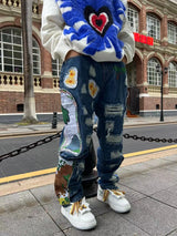 harajuku fashion embroidered patches straight denim pants hip hop washed torn jeans black blue patchwork y2k jeans baggy men unique jeans style 1550