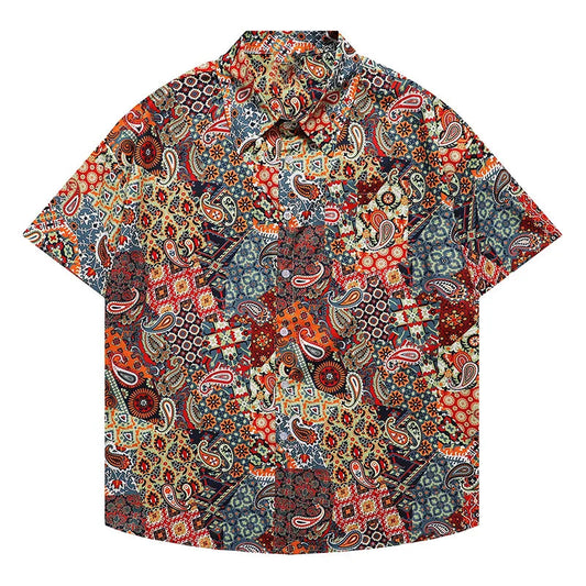 Plaid Cashew Flower Printed Short Sleeve Shirt Loose Stylish Tops High Street Casual Versatile Clothing