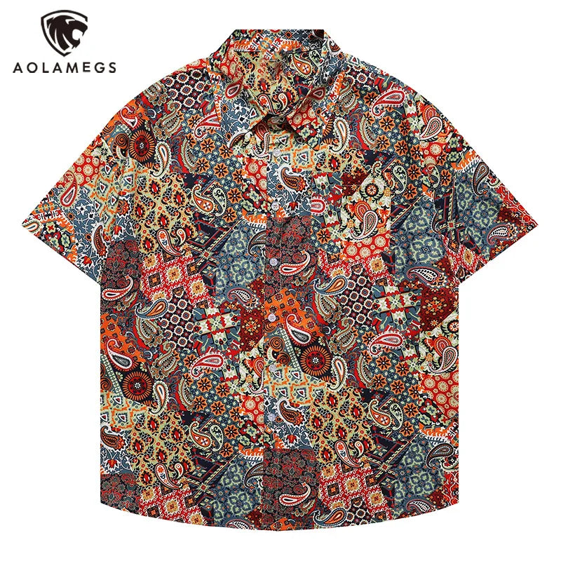 Men's Shirts Plaid Cashew Flower Printed Short Sleeve Shirt Sclassic Loose Stylish Tops High Street Casual Versatile Clothing