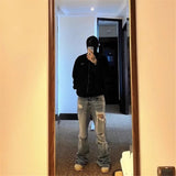 vintage ripped flared jeans blue straight baggy jeans trousers streetwear luxury loose casual distressed denim pants male unique jeans style 602