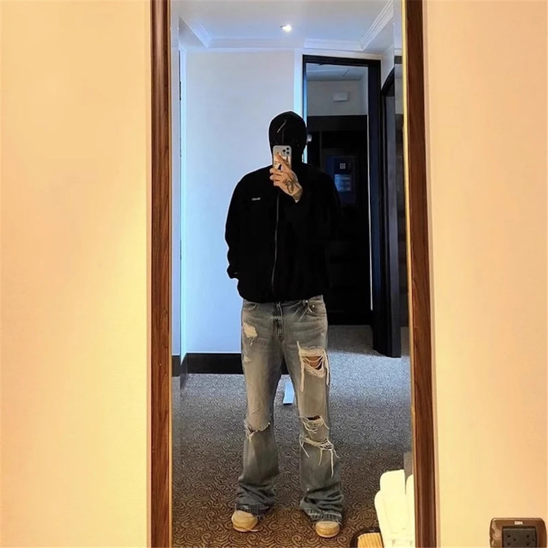 vintage ripped flared jeans blue straight baggy jeans trousers streetwear luxury loose casual distressed denim pants male unique jeans style 602