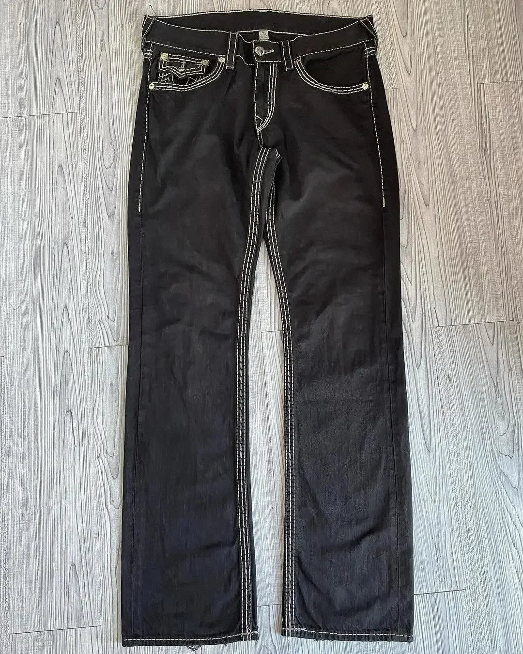 true religion vintage hip hop street leisure denim pants y2k gothic fashion embroidered straight leg wide leg jeans men clothing unique jeans style 4787
