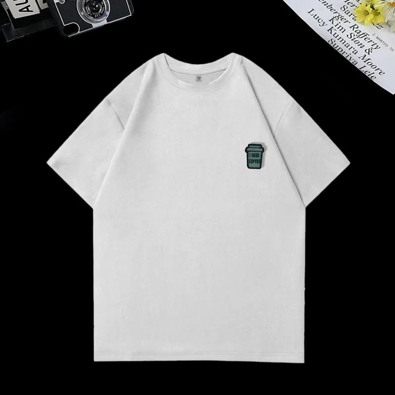 Glitchcore Oversized shirt – I Need Coffee Graphic Print Short Sleeve T Shirts Hombre Y2K