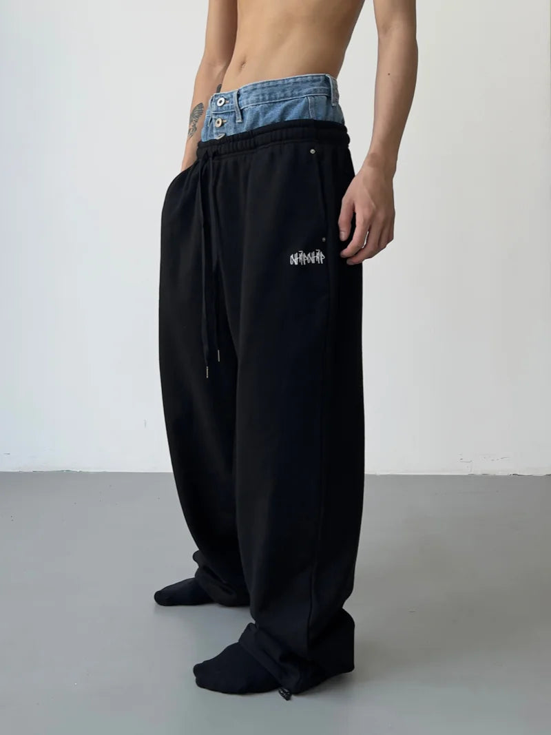 hip hop straight pants spliced button jean elastic waist pants loose trousers unisex casual drewstring sportwear pants joggers unique joggers style 145